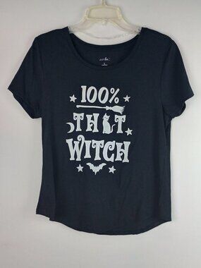 Just Be Womens L‎ Black 100 Percent that Witch Cat Broom Bat Graphic Tshirt